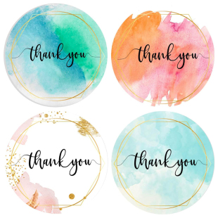 500张 饰不干胶标签 卷圆形封口贴谢谢你贴纸水彩可爱工艺品礼品装