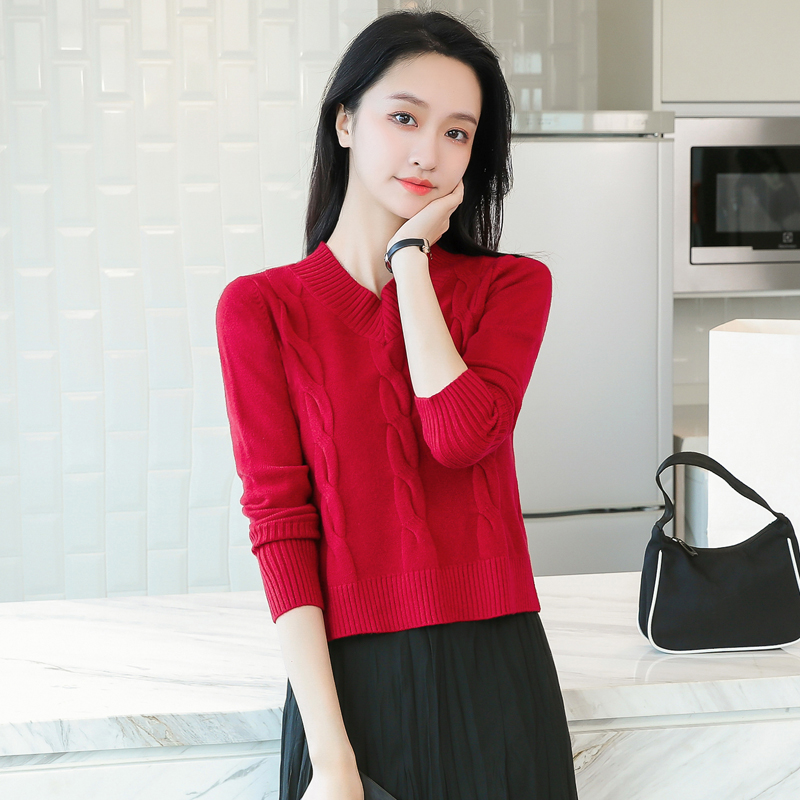 短款麻花毛衣女2021秋冬宽松加厚针织衫外穿V领毛线衣高腰羊毛衫