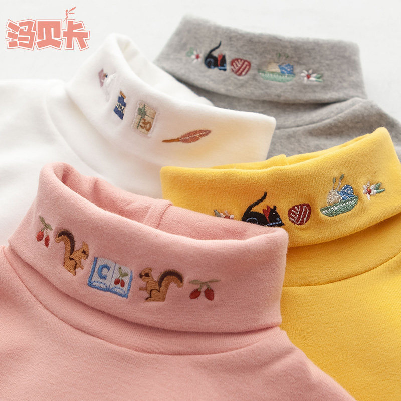 女童秋冬新款打底衫全纯棉儿童中高领长袖加绒加厚女宝宝上衣秋衣