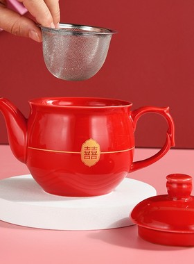 陪嫁茶具套装陶瓷红色结婚敬茶杯茶壶婚庆送礼品高档中式红釉茶具