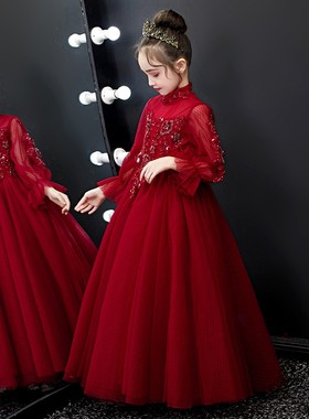 钢琴表演礼服女童蓬蓬公主裙儿童红色连衣裙花童婚纱长裙春秋走秀