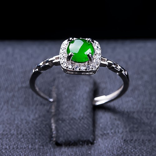 天然翡翠A货s925 银镶冰种冰阳绿女款素款戒指
