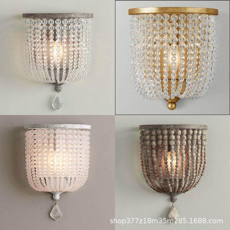 法式复古水晶木珠壁灯走廊玄关过道壁灯儿童房卧室床头灯王妃壁灯