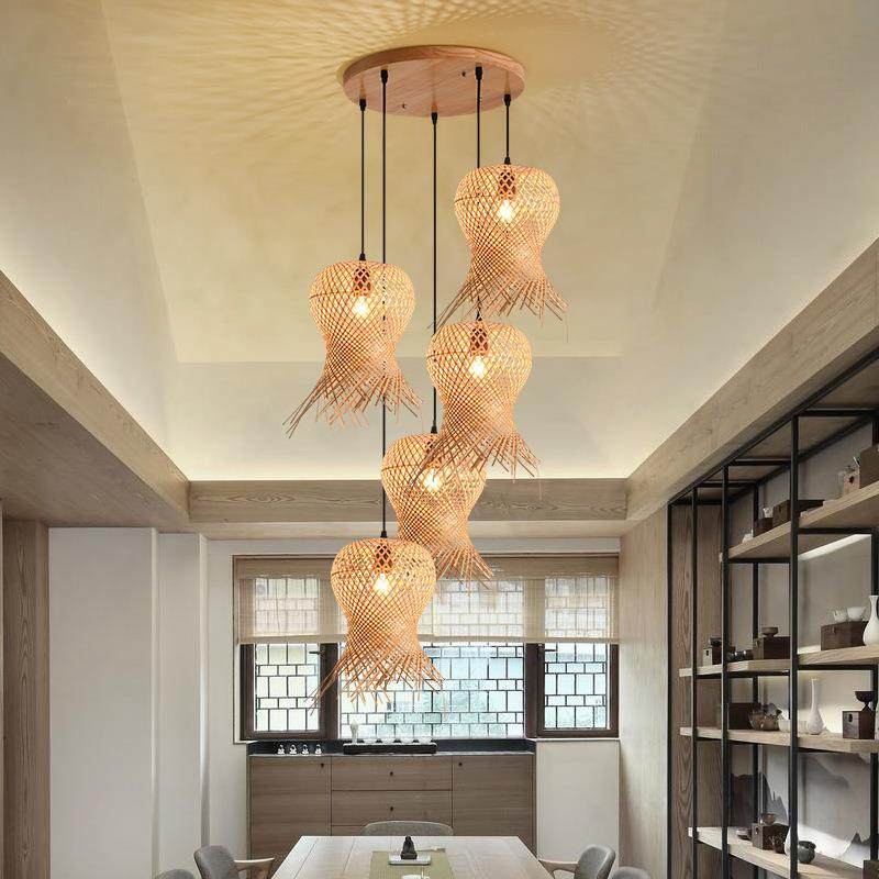 楼梯新中式旋转楼梯长吊灯个性禅意茶室民宿装饰竹编竹艺吊灯