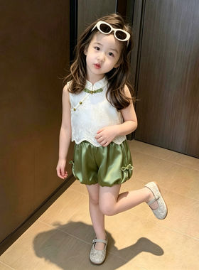 汉服女童套装夏季新款儿童国风立领盘扣坎肩马甲宝宝花苞短裤童装
