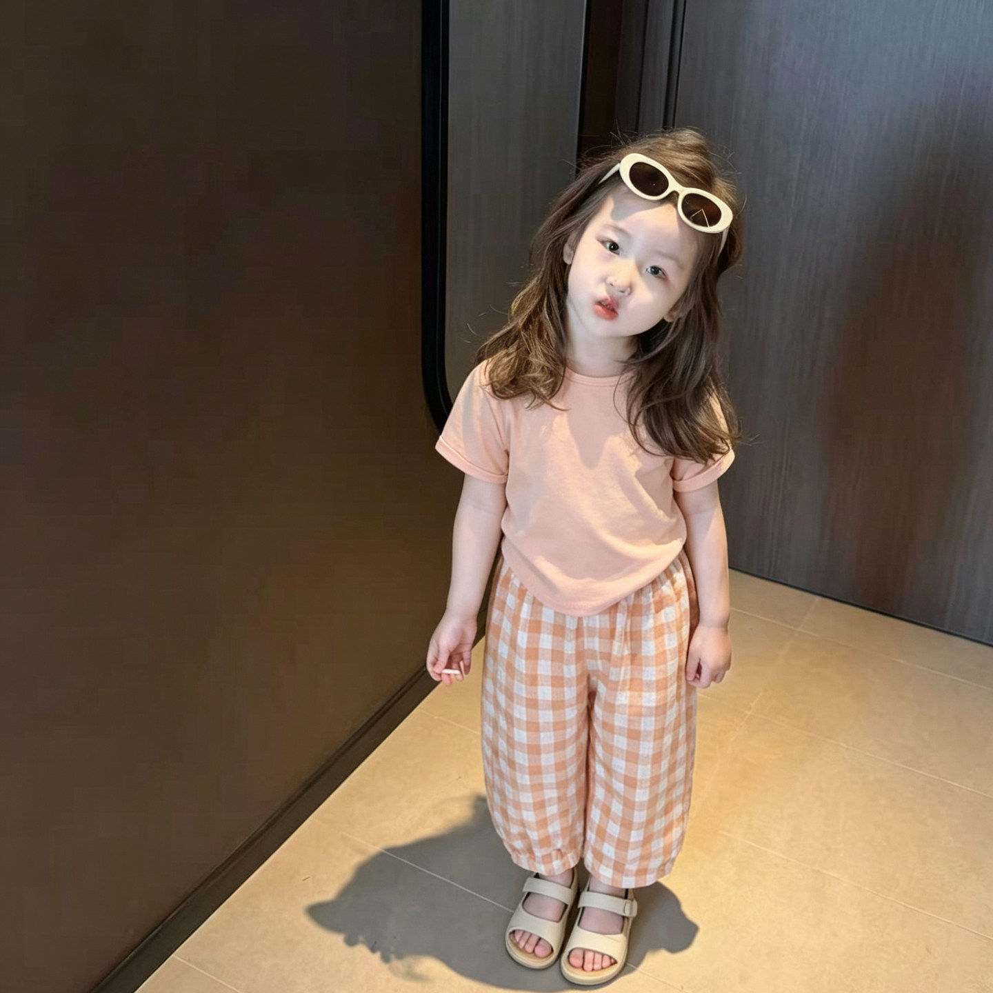 女童套装2026夏季新款女宝橘粉色居家感百搭短袖T恤格纹休闲长裤
