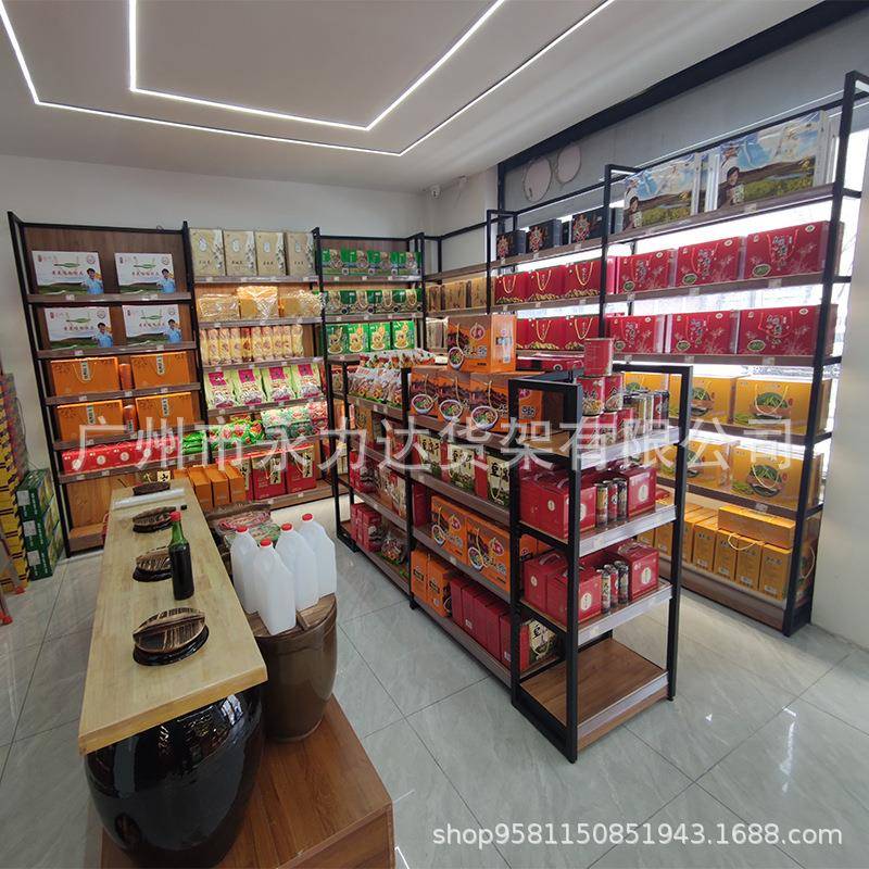 特产店专用货架可调节粮油酱醋展示架绿色农产品商超货架厂家供