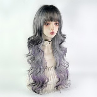 暹罗猫假发紫色渐变亚文化亚比全头套女y2k挑染lolita银色卷发彩