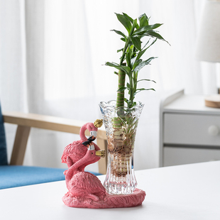 绿萝透明玻璃水培器皿富贵竹水养百合鲜花插花花瓶创意火烈鸟摆件
