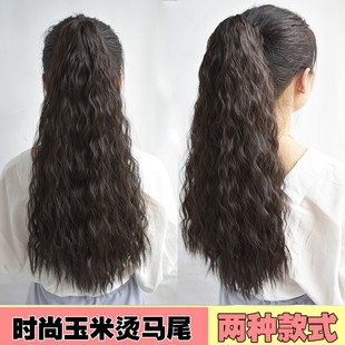 抓夹式玉米烫女假发马尾短款中长假马尾辫子羊毛卷绑带长卷发气质