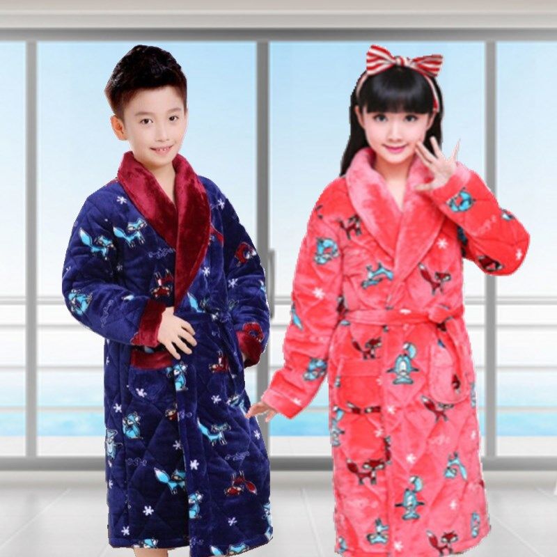 冬季儿童睡衣三层加绒加厚夹棉男女童浴袍珊瑚绒中大童法兰绒睡袍