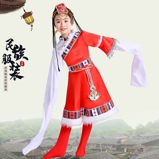 少数民族服六一舞蹈服装 新款 舞裙表演服男款 红色藏族水袖 儿童女款