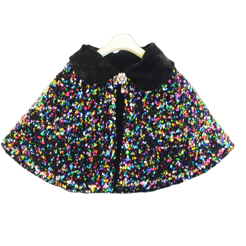 儿童加绒加厚披风秋冬新款礼服黑色表演斗篷女童披肩亮片演出外搭