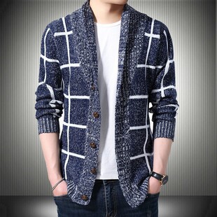 男士休闲开衫毛衣外套加厚方格子蓝D灰色针织衫印花长袖秋冬上衣