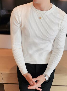 圆领毛衣男秋冬加厚韩版修身条纹C针织衫休闲百搭潮流长袖打底线