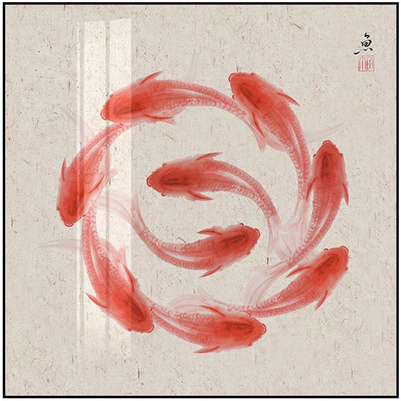 饭厅九鱼聚财图装饰画新中式年年有余挂画招N财锦鲤正方形书房壁图片