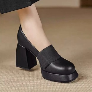 防水台女鞋 9CM软皮厚底高跟鞋 新款 2025年春季 黑色一脚蹬粗跟单鞋