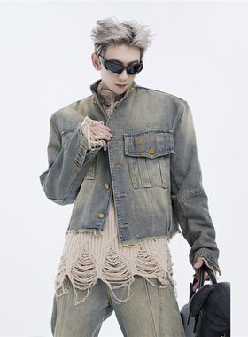 美式短款牛仔外套男 废土风重磅水洗做旧L男生立领烫金破坏夹克潮