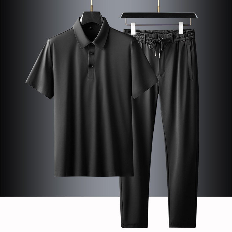 冰丝套装男夏季短袖o潮流帅气翻领t恤薄款速干透气运动服两件一套