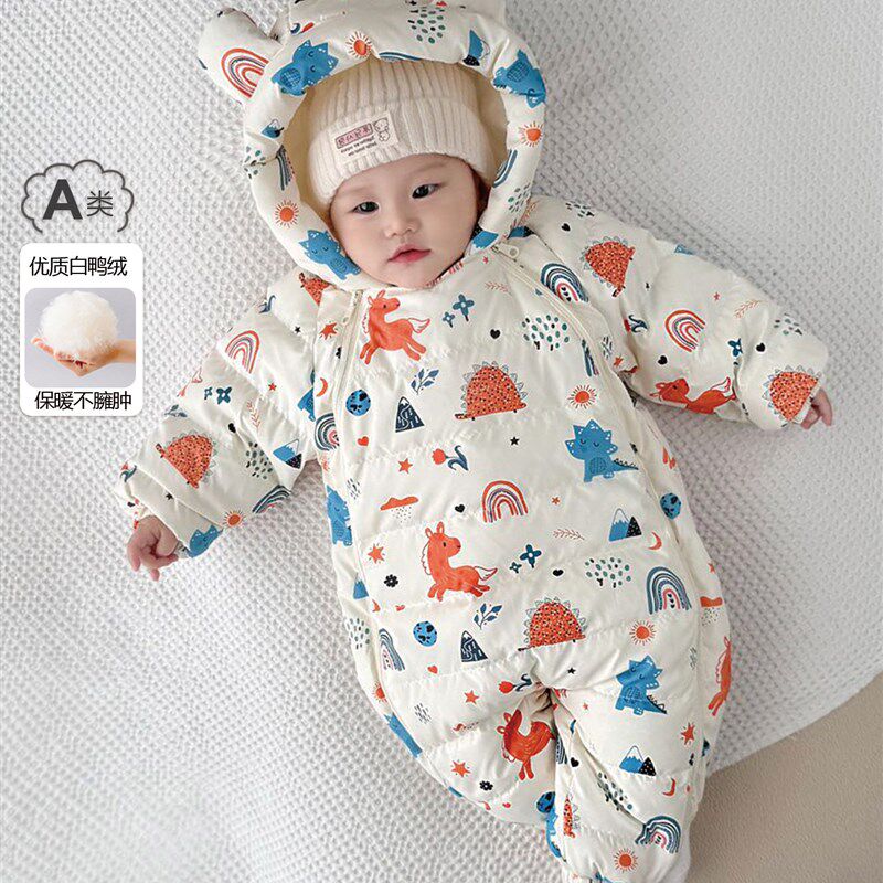 婴儿羽绒服冬季连体衣宝宝防风外出服婴幼儿保暖抱衣哈衣爬爬服