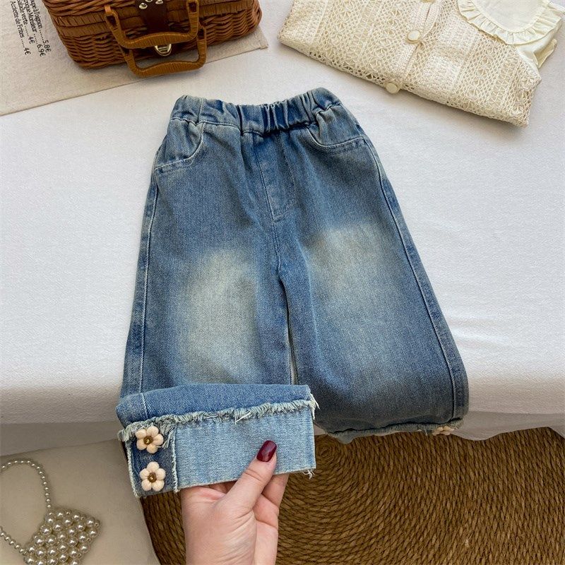女童牛仔裤春秋季裤子宝宝洋气阔腿裤时髦精致小花长裤时尚直筒裤,童装/婴儿装/亲子装,儿童牛仔裤,淘宝优惠券,粉丝福利购,淘宝优惠卷