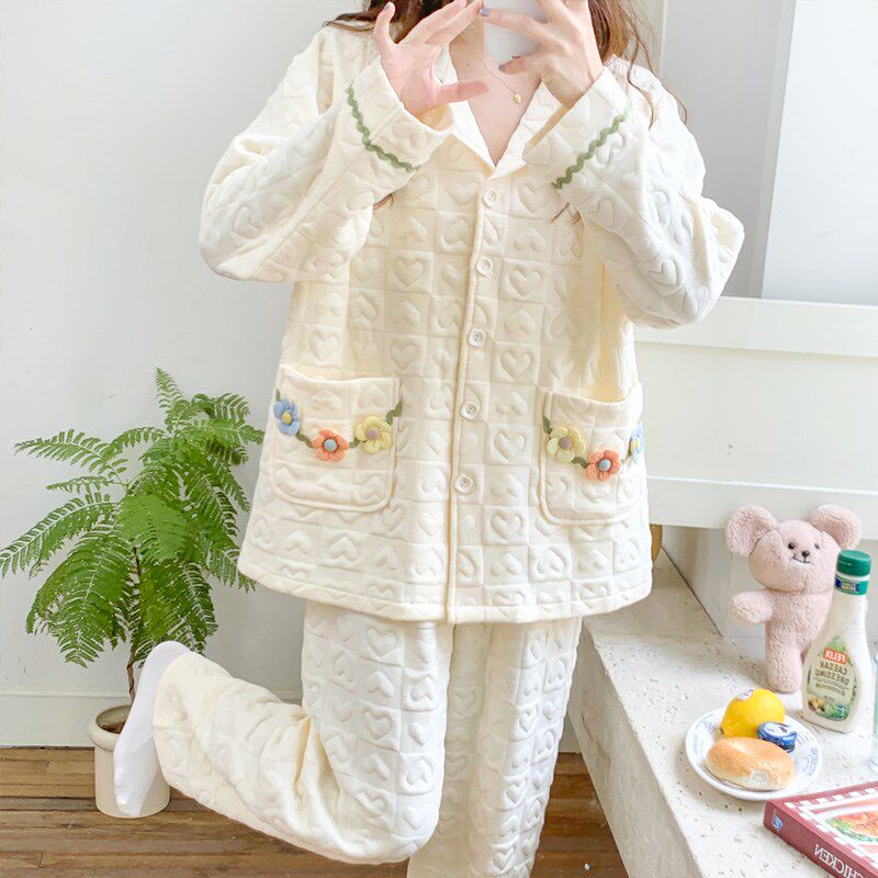 小清新简约空气夹层棉孕妇秋冬睡衣女产后开衫月子服哺乳喂奶衣厚