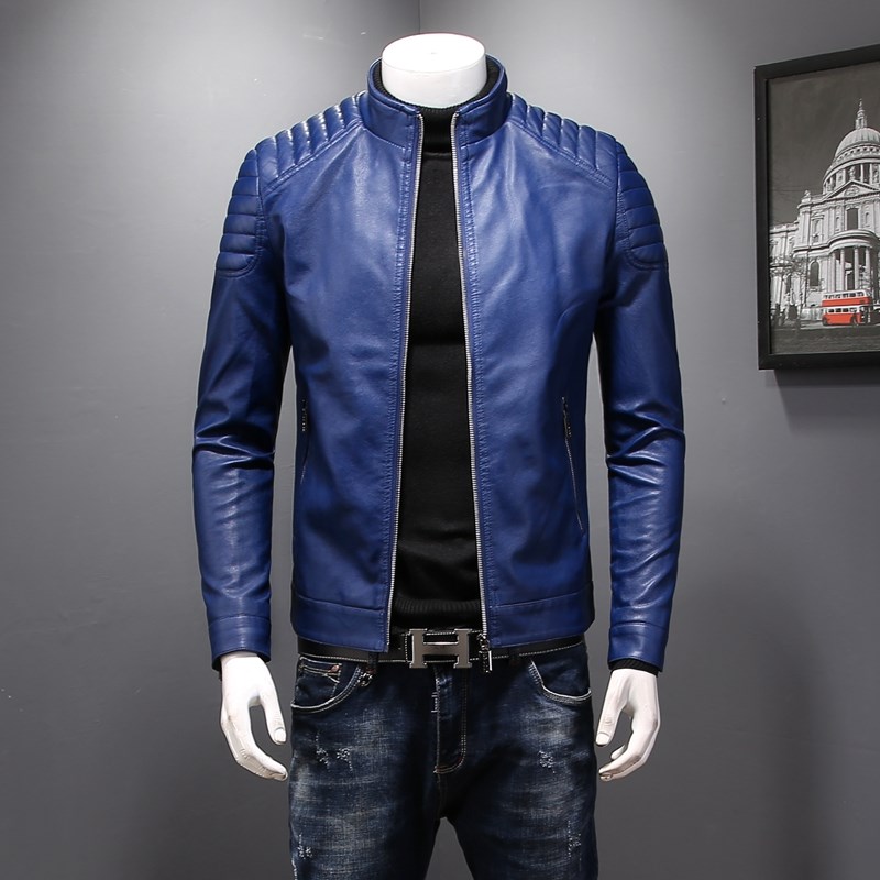 韩版秋冬立领机车皮衣男士短w款赛车服红色皮外套潮男修身PU皮夹