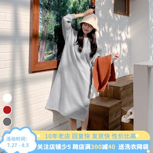 春季长款长袖套头休闲卫衣裙女大码宽松显瘦bf慵懒风开叉连衣裙