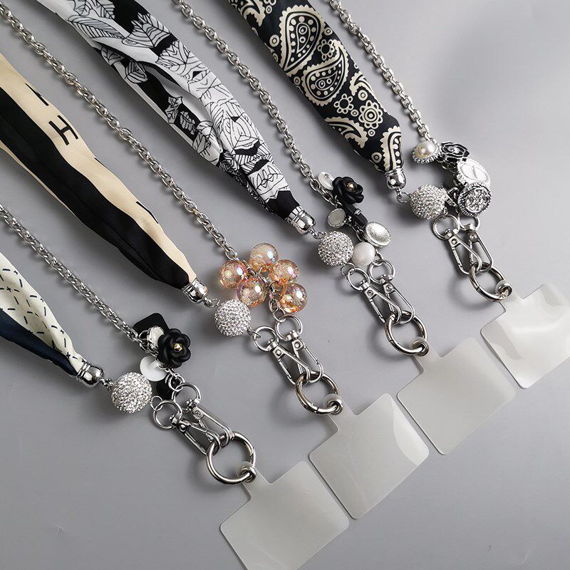 手机挂绳斜挎长款可背金属锁链挂链女款网纱丝巾挂带可拆卸肩背带