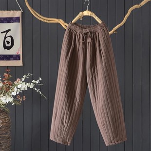 靴裤 宽松慵懒纯色绗线压线棉麻萝卜裤 保暖棉裤 冬季 女 夹棉加厚长裤