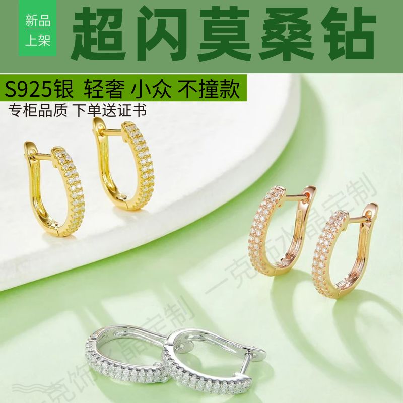S925纯银镀莫桑钻双排耳环女耳圈