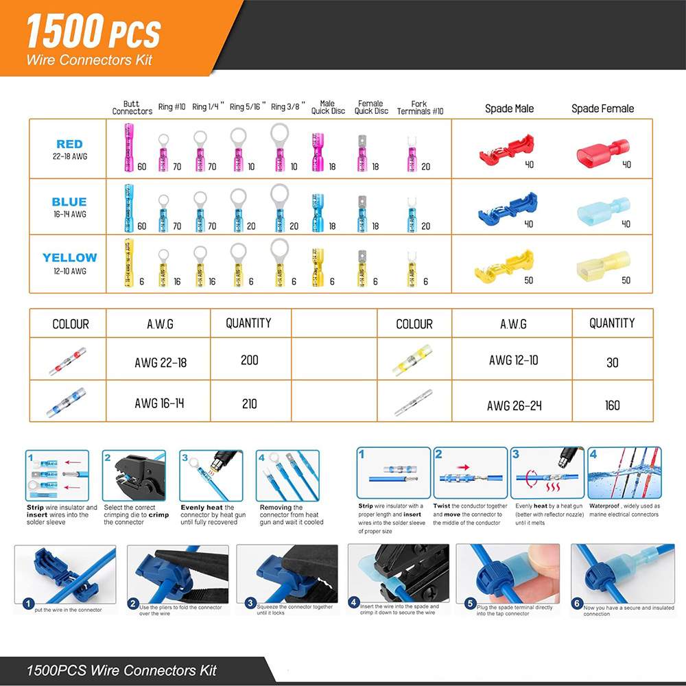 1500PCS盒装 BHT热缩插簧插片圆形端子/焊锡环/T型免破线