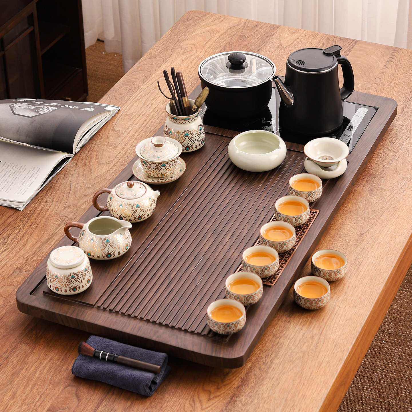 2025新款汝窑茶具套装家用高档陶瓷茶壶茶杯茶盘烧水一体茶盘整套