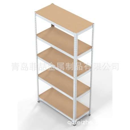 青岛新兴货架直销长条孔角钢货架五层架木纹密度板展架展示架