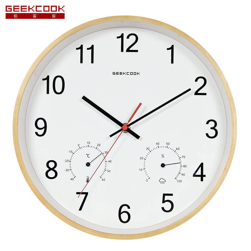 时尚挂钟12寸木质钟表圆心挂钟低噪客厅时钟温湿度计创意挂表