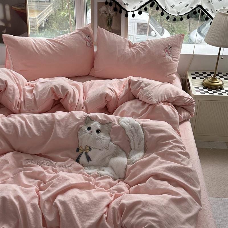 撸猫感水洗棉刺绣贴布绣四件套卡通床单被套学生宿舍床笠三件套