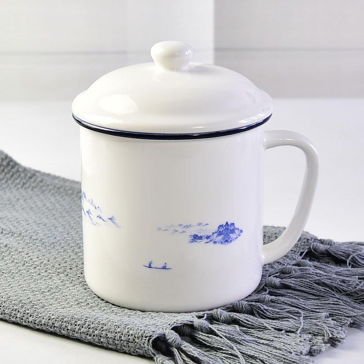 大容量陶瓷杯子仿搪瓷国潮会议盖杯骨质瓷复古怀旧茶杯