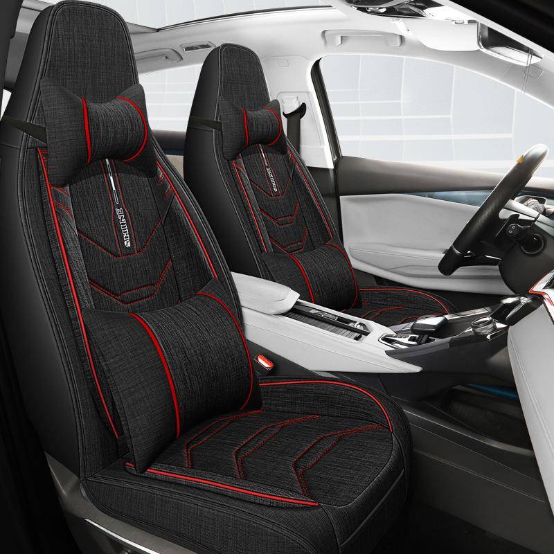 四季通用汽车坐垫全包连体头枕座垫透气亚麻固定头靠垫子布艺车垫