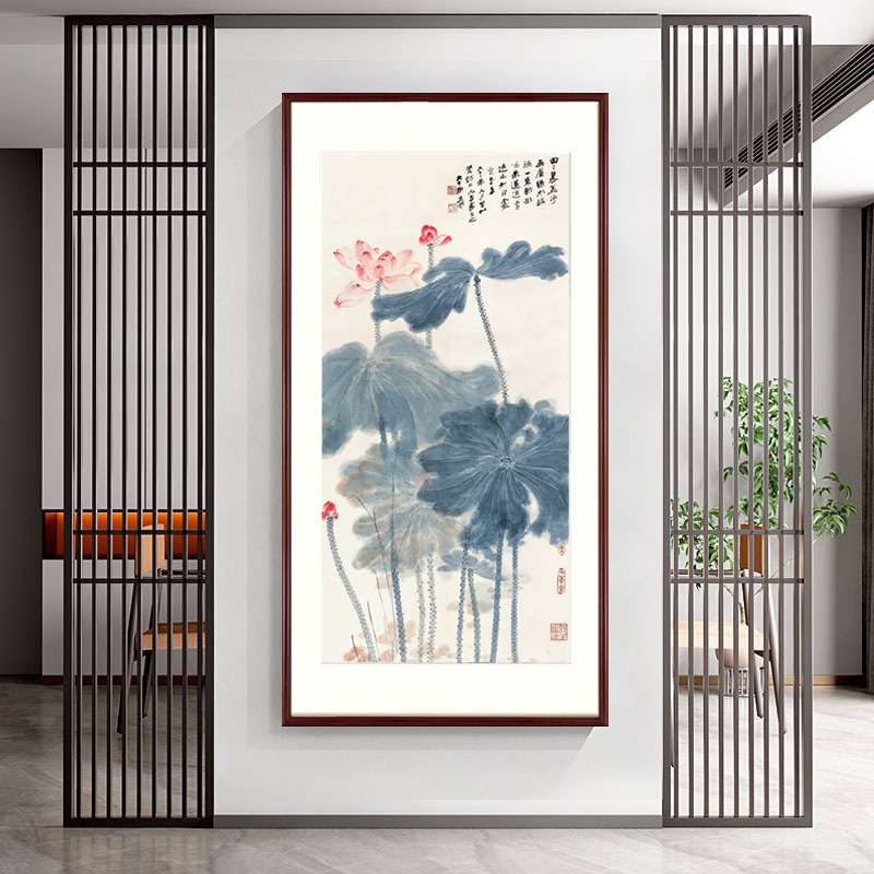 新中式玄关装饰画张大千荷花国画实木入户走廊壁画客厅花卉画挂画