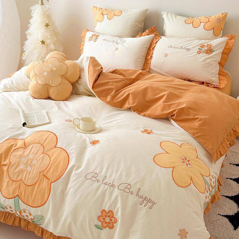 A类全棉韩版花边四件套纯棉水洗棉贴布绣学生宿舍床单被套床笠款4