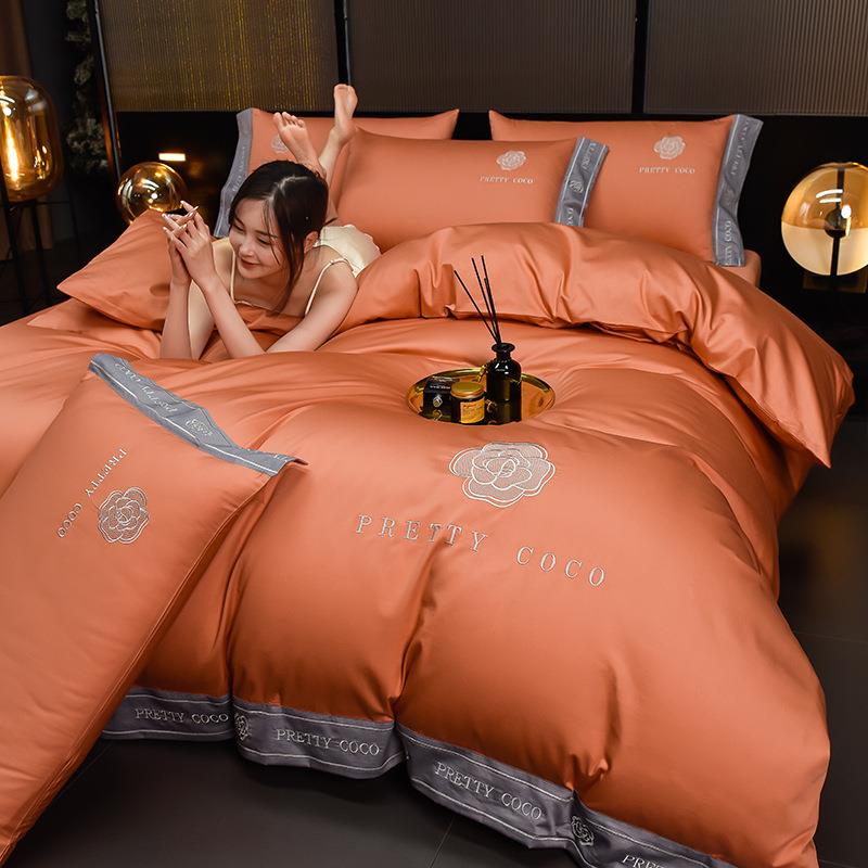 高端刺绣长绒棉四件套轻奢全棉绣花被套纯棉宽边四件套床单床笠款