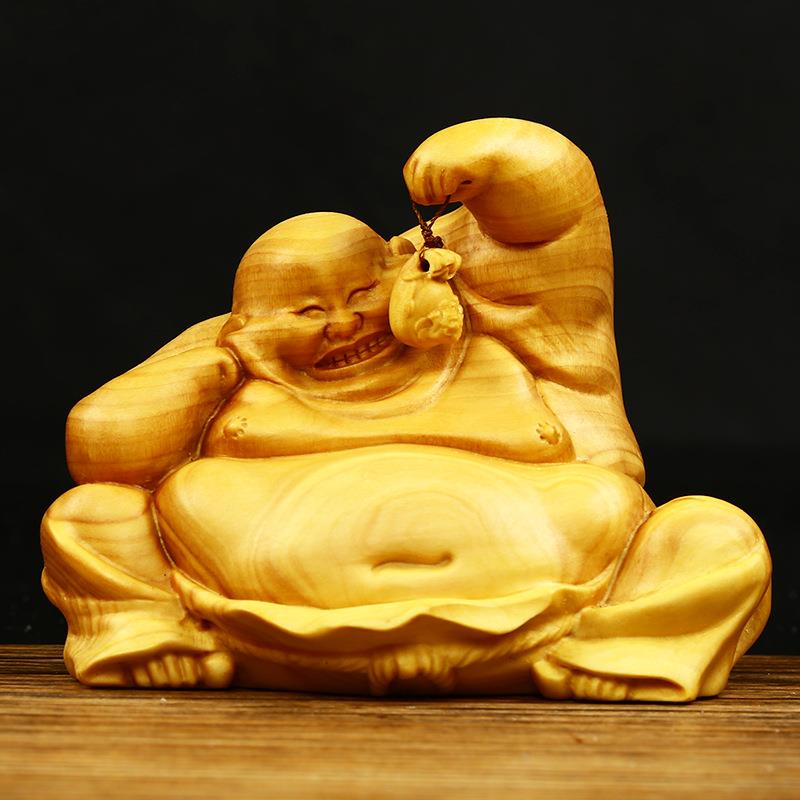 黄杨木雕笑弥勒乐逍遥手把件工艺品家居装饰文玩车内摆件实木雕刻