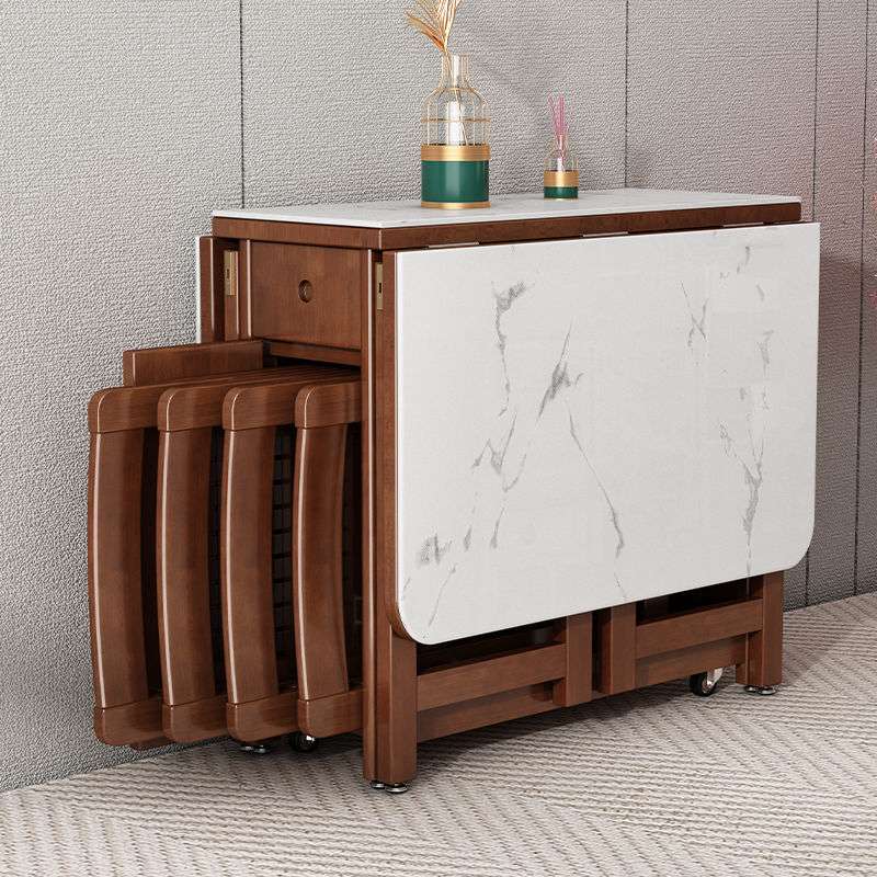 岩板折叠餐桌实木北欧小户型家用简约现代长方形可伸缩移动折叠桌