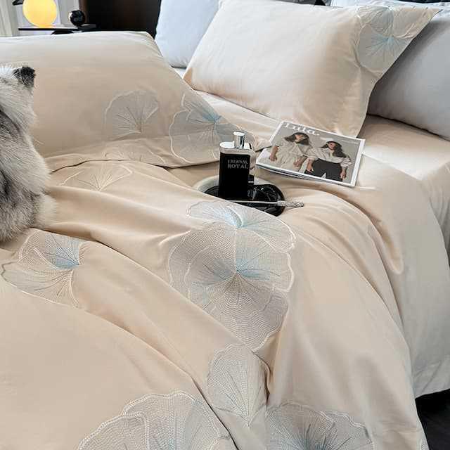 简约纯色100支长绒棉磨毛四件套秋冬加厚刺绣被套纯棉床单柔软品