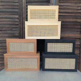 复古藤编收纳筐桌面收纳盒高级感实木杂物首饰品收纳筐带盖收纳盒