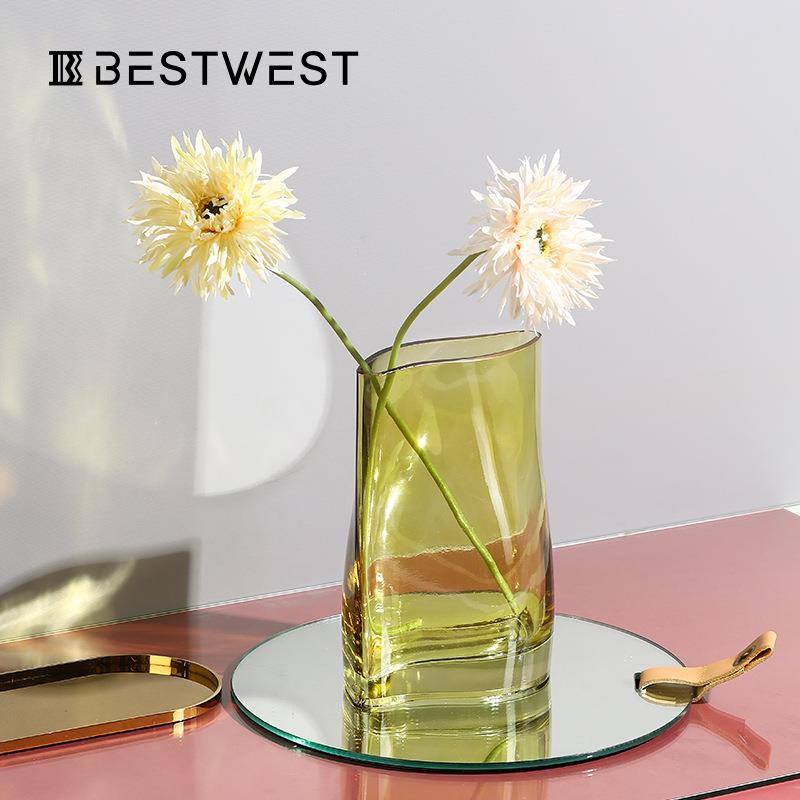 博西家居不规则扁花瓶摆件创意家居轻奢客厅餐桌透明玻璃花器