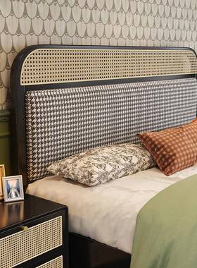 法式复古实木藤编1米8双人大床架主卧室婚床房间黑色轻奢软包木床