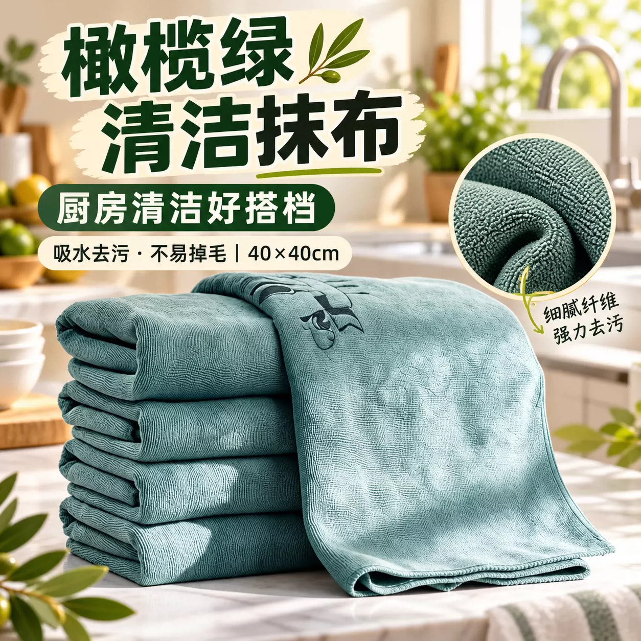 北欧风橄榄绿抹布家用大号特厚吸水不留痕厨房清洁布擦玻璃镜面