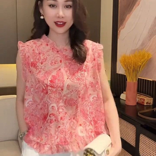 印花木耳边无袖雪纺衫女减龄