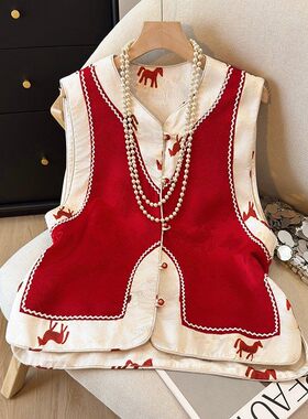 新中式复古贵气圆领红色小马提花拼接双面穿坎肩马甲外套2026新款